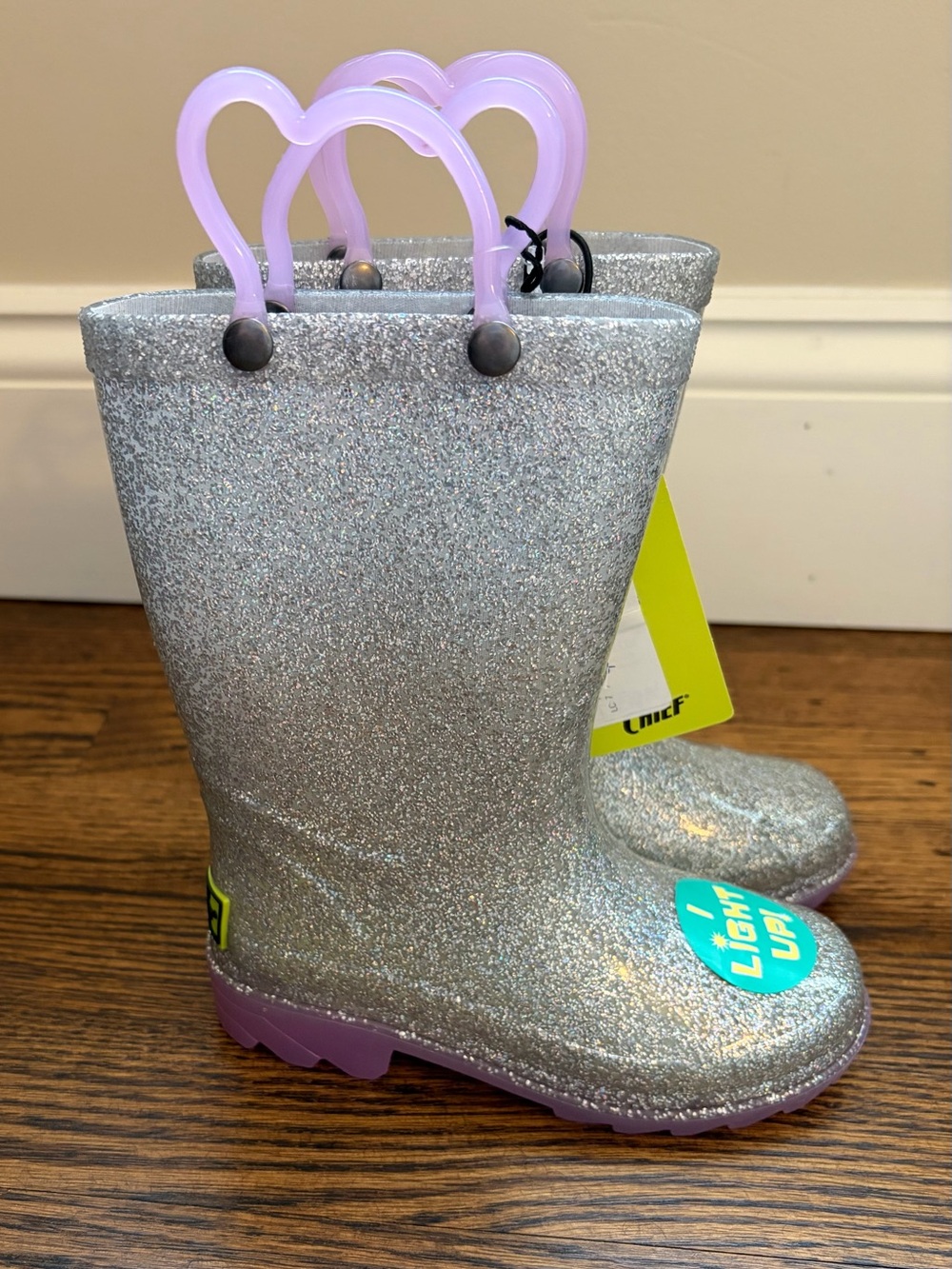 Kids Light-Up Glitter Rain Boots - Silver with Purple Handles